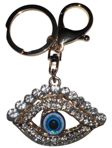 Hamsa Blue Eye with Clear Rhinestone Bling Key Chain Fob Purse Charm New - Picture 1 of 2