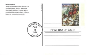 STAMP US SCOTT UX197 "Overland Mail" 19 CENT 1994 POSTCARD FDC - Picture 1 of 2