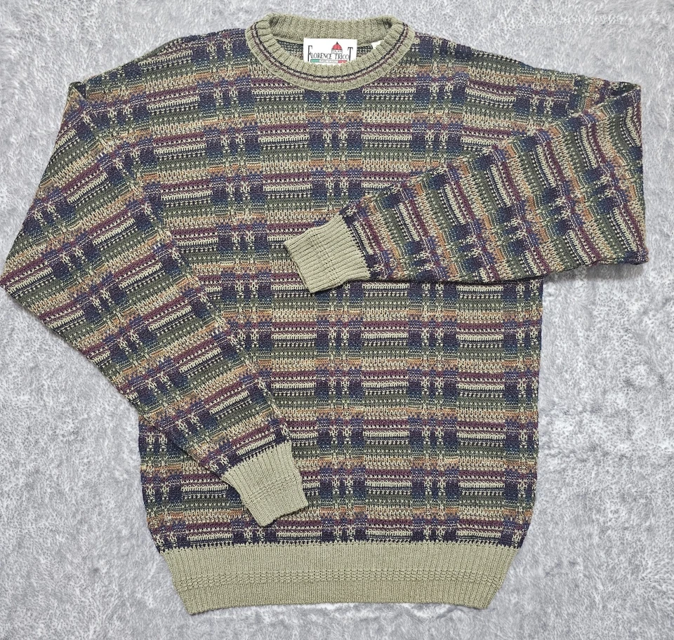 复古 Florence Tricot 毛衣条纹圆领男式中号意大利  — 第 1/4 张图片