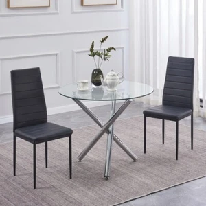 Round Clear Glass Dining Table Silver Legs&2pcs Black Faux Leather Dining Chairs - Picture 1 of 9
