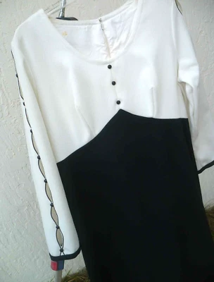 VTG 60S 70S M L BLACK WHITE EMPIRE WAIST ZIP GOWN DRESS FANCY OPEN SLEEVE - Image 1 of 4