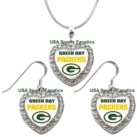 Green Bay Packers 925 Necklace or Earrings or Set Team Heart With Rhinestones Cover