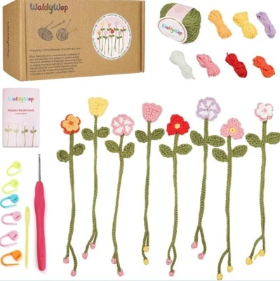 8 Flower Bookmarks Knitting Kit with Soft Yarn and Hook for Beginners - Image 1 of 4