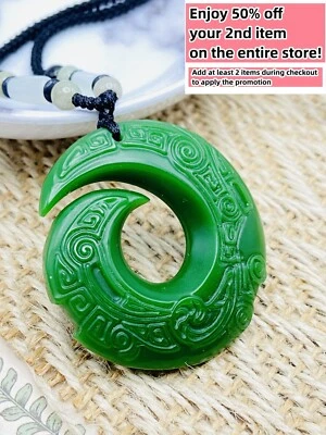 Green Jade Horn Charm Pendant Necklace W/ Beads Cord Handmade Carved Gemstone - Image 1 of 4