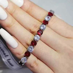 14K White Gold Plated 9ct Round 4mm Lab Created Diam Garnet Tennis Bracelet 7.5" - Picture 1 of 4