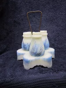 ANTIQUE BLUE DECORATED WHITE MILK GLASS CONDIMENT SET - NO LIDS - SHOWS FIRE - Picture 1 of 11