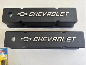 Small Block Chevy Tall Black Valve Covers - Raised Chevrolet Bowtie Logo Ansen - Picture 1 of 6