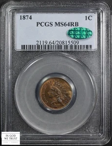 1874 Red-Brown Indian Head Copper Cent 1C PCGS MS 64 RB - Indian Cent - Picture 1 of 7