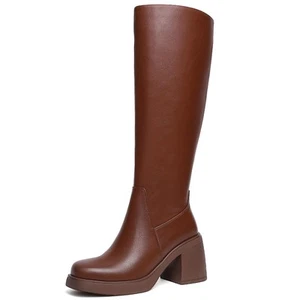 HEIFIN Platform Knee High Boots Women Dark Brown Leather Tall Boots For Women... - Picture 1 of 5