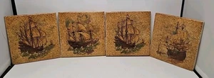 Antique Sailing Ship Tile  Dutch english trivet Sailing Ship 4-1/4" lot of 4 - Picture 1 of 6