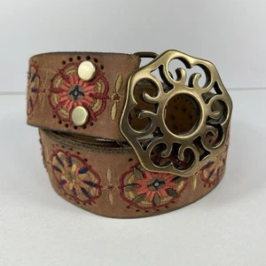 Vtg Lucky Brand Embroidered Leather Belt Small Brass Y2K Boho Gypsy Southwestern - Picture 1 of 5