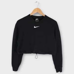 Nike Women's Small Cropped Sweatshirt Black Swoosh Logo Pullover Drawstring Hem - Picture 1 of 5