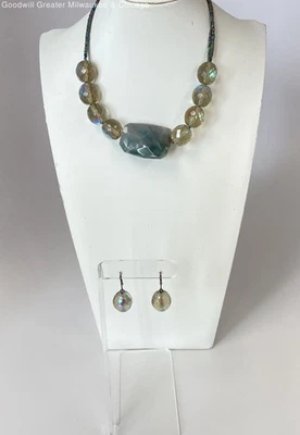 Conjunto de collar y pendientes colgantes artesanales de cristal ágata y aurora boreal 81,4 g Foto 1 de 4