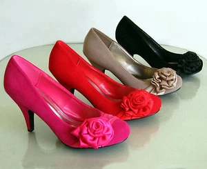 New Round Toe Heel Pumps Satin Flower Suede Black Red Fuchsia Khaki 5 6 7.5 8 10 - Picture 1 of 6
