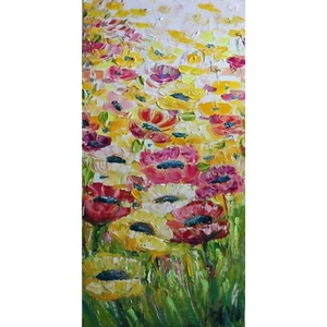 Yellow Pink White Wild Poppies Summer Flowers Original Oil Painting Vertical - Picture 1 of 10