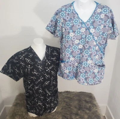2 woman's Medium Scrub tops Designer Skeletons/flowers 100% cotton Dickies/Co.C - Image 1 of 4