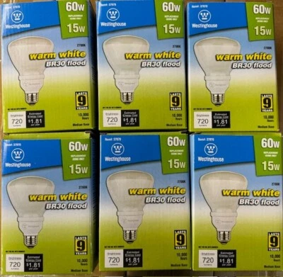 6 Pieces Westinghouse 37970  15CFLBR30/F/27  15W = 60W 720 Lumens 2700K R30 - Image 1 of 4