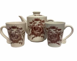 California Pantry Ceramic Tea Pot & Two Mugs Red Rooster Toile Pattern2002 - Picture 1 of 7
