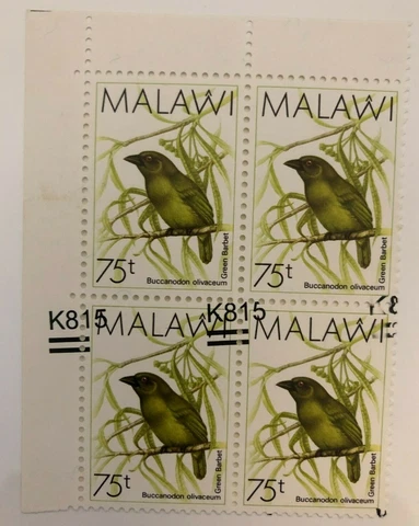 Malawi 2016 (Variety) K815/75t Green Barbet 4 block with surcharge error Cover