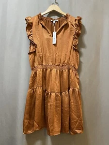 NWT STEVE MADDEN Women Ruffle Cap Sleeve Smocked Satin Mini Dress Size L Bronze - Picture 1 of 17