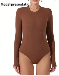 Womens Seamless Long Sleeve Bodysuit Shapewear Smooth Light Tummy Control Brown - Picture 1 of 2