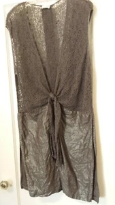 TSE Metallic Linen Tunic, Bronze & Cocoa Brown, Deep-V, Slits, Open-Weave - Picture 1 of 8