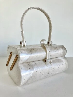 Caja dúplex de plástico acrílico mancha dorada vintage barra monedero perla remolino 6 1/4 pulgadas Foto 1 de 4