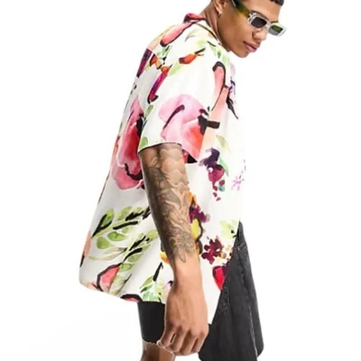 ASOS Bold Abstract Floral Print Camp Shirt Men's Size 2XLT Long Tropical Resort - Image 1 of 4
