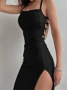Abito lungo body nero sexy donna estivo senza maniche nero senza scollo a V - Foto 1 di 16