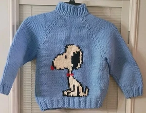 Kinder Vintage Pullover blau handgestrickt Snoopy Strick Handarbeit  - Bild 1 von 4