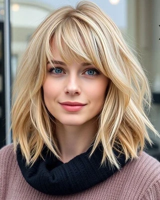 Balayage Warm Beige Blonde Highlight 100% Human Hair Lace Front Wigs with Bangs - Image 1 of 3
