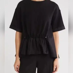 Adrianna Papell Terry Elbow Sleeve Drawstring Peplum Black Blouse Size XL NWT - Picture 1 of 6