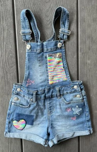 Jordache Girls Denim Shorts Overalls Small 6-6X Sequins Stars Rolled Cuffs - Picture 1 of 9
