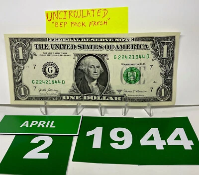 One Dollar Bill Birthday Note April 2 1944. Uncirculated. Fancy Serial Number - Image 1 of 4