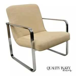 Mid Century Modern Milo Baughman Style Chrome Flat Bar Art Deco Lounge Chair - Picture 1 of 12