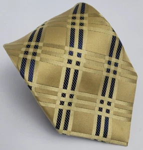 Peacock Silk Tie Gold Blue Plaid Geometric Stripes Men Necktie 58 x 3.3/8 - Picture 1 of 4