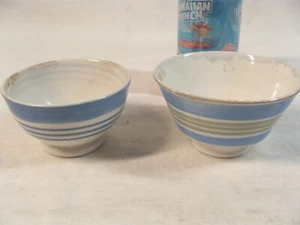 2 Small Antique English Mochaware Banded Pottery Footed Bowls - Picture 1 of 7