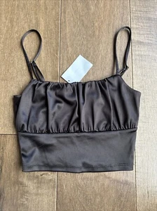 H&M Divided Satin Ruched Crop Top Stretchy Tank Women's Size XS Shiny Brown NEW - Picture 1 of 3
