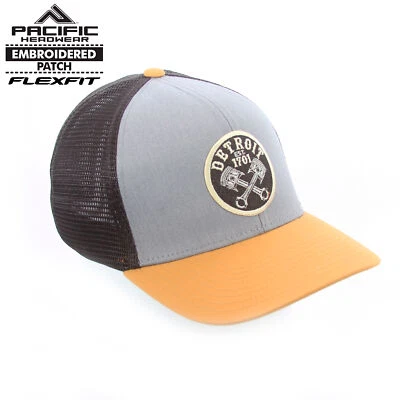 Detroit Crossed Pistons Gray Tan Flex-Fit Pacific Fusion Trucker Cap Automotive - Image 1 of 4