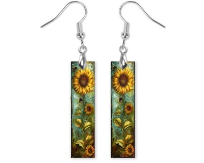 Earrings,Yellow Sunflower Wood Bar Printed Earrings Jewelry - Image 1 of 4