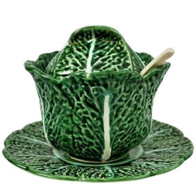 Portuguese Caldas Da Rainha Cabbage Sauce Tureen with Stand, Lid & Spoon - Image 1 of 4