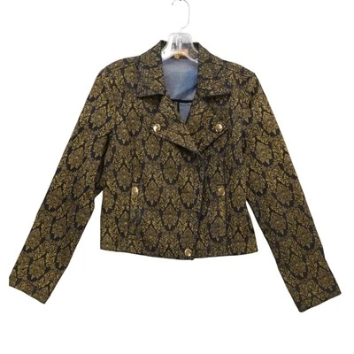 Ellen Tracy Damask Print Denim Jacket Stretch Gold Button Front Blazer Sz S - Image 1 of 4
