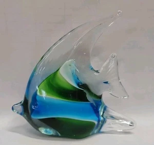 Angel Fish Glass Paper Weight Green, Blue, And White 4" x 4" Decor Figurine - Picture 1 of 5