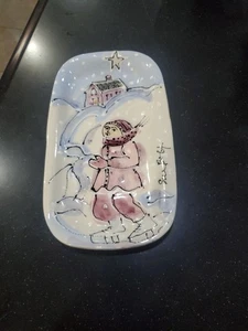 Signed Sue Bolt Dish Tray Hand Painted Pottery Woman Ice Skating  Winter Snow - Picture 1 of 9