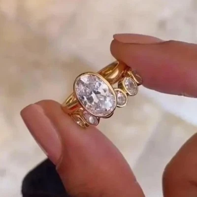 5CTW Oval Cut Moissanite Bezel Bridal Set Engagement Ring 14k Yellow Gold Plated - Image 1 of 4