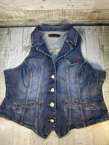 Vintage Coogi Couture Women’s Denim Vest Rhinestone Logo Button Up Size XL - Picture 1 of 4