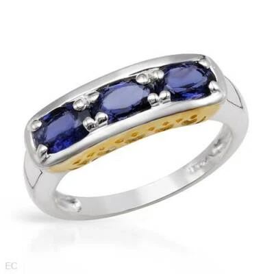 ANILLO DE TRES PIEDRAS IOLITA DE PLATA ESTERLINA 925 CHAPADO EN ORO 14K 1,10 CTW, REINO UNIDO-L Foto 1 de 2