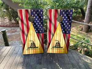 WATERPROOF & FADEPROOF Cornhole Board Wraps Gadsden Flag / Don't Tread USA - Picture 1 of 3