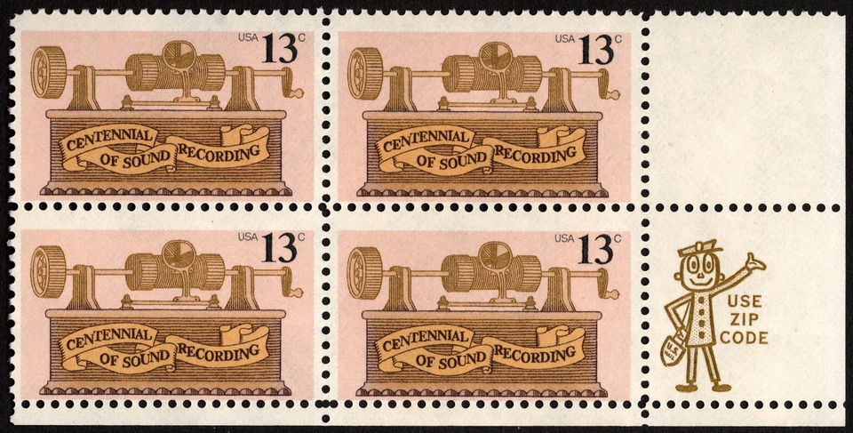 US - 1977 - 13 Cents Centennial of Sound Recording Issue #1705 Zip Block NH F-VF - Image 1 of 1