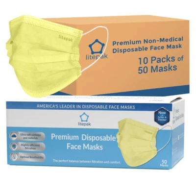 500pcs Litepak Premium Disposable Face Mask 3-Ply SOFT Comfort Earloops Yellow - Image 1 of 4